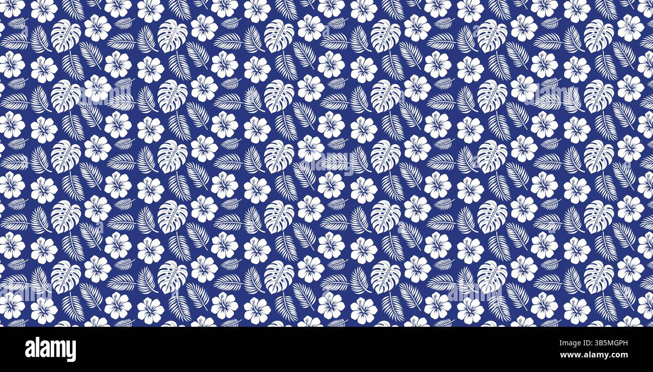 Whimsical Tropical Flower and Leaf Pattern on a Deep Blue Background Stock Vector