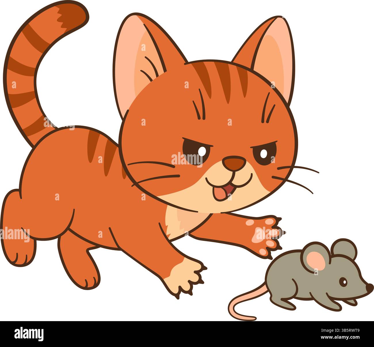Mischievous red tabby cat chasing small gray mouse. Chibi ginger kitten in Flat style clean, simple design. For children’s book, story illustrations, greeting cards, stickers, tshirts, mug and posters. Stock Vector