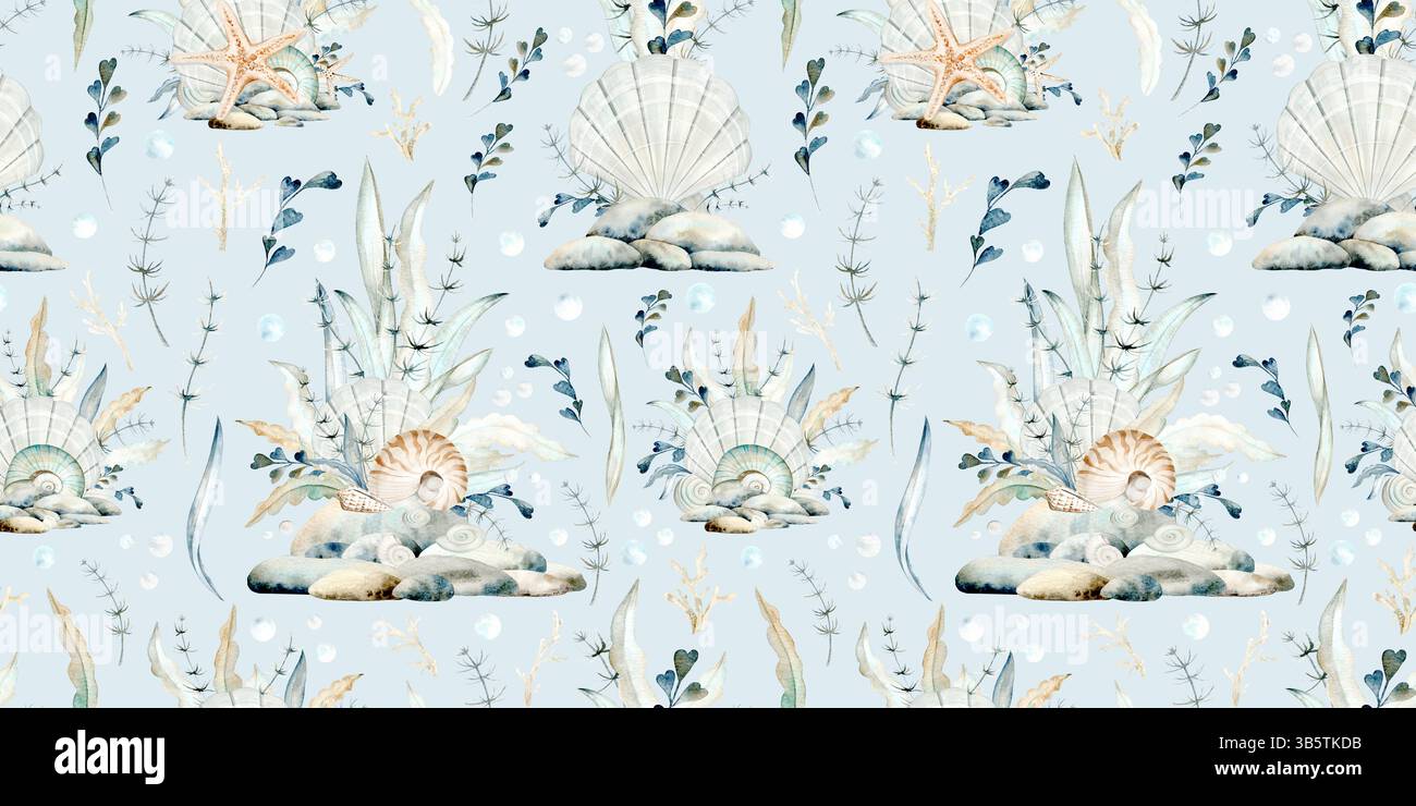 Seamless pattern of beige sea shells, seaweed, starfish and pebbles ...