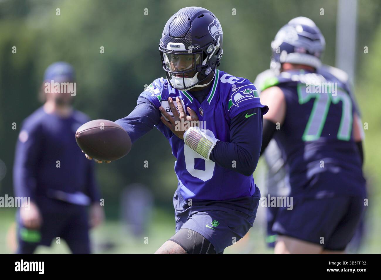 Seattle Seahawks quarterback Jalen Milroe participates during the NFL