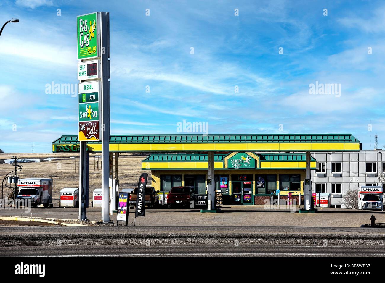 Swift Current, Canada Fas Gas Plus is a western Canadian gas station chain established in 1977. This location is paired with a Short Stop Food Store. Stock Photo