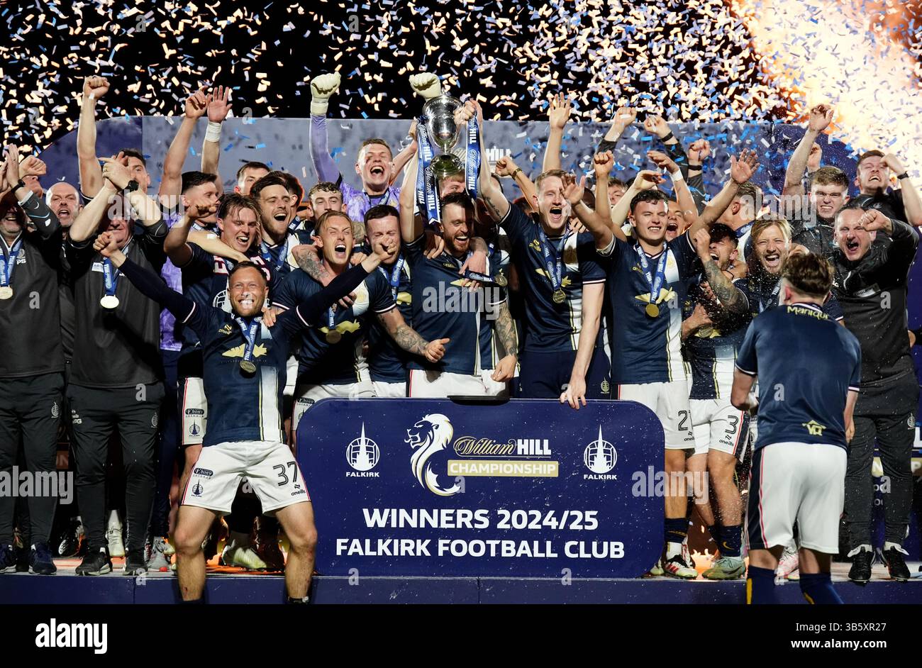 Falkirk players lift the trophy at the final whistle after the William ...