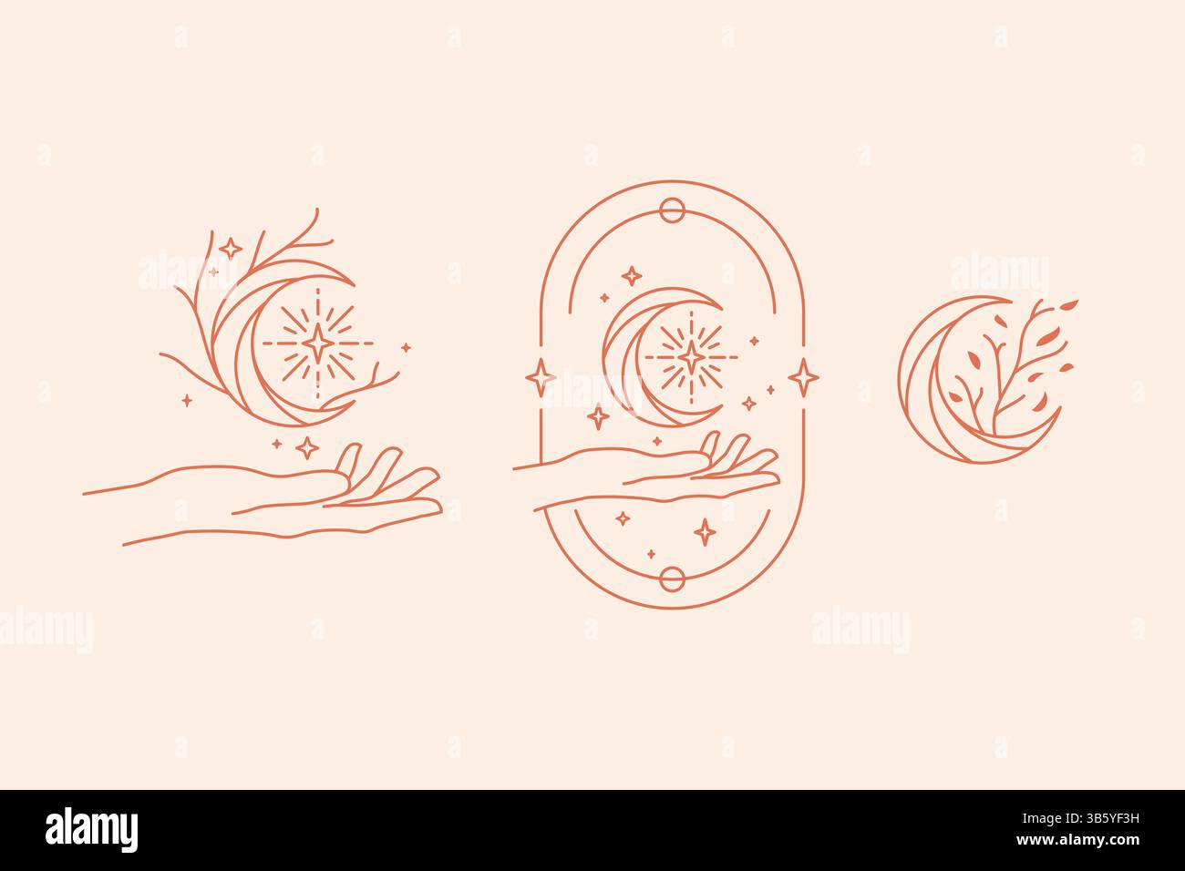 Hand Crescent Moon Star Rustic Concept Label Sign Symbol Business Logo Beauty Art Handmade Craft Product Stock Vector
