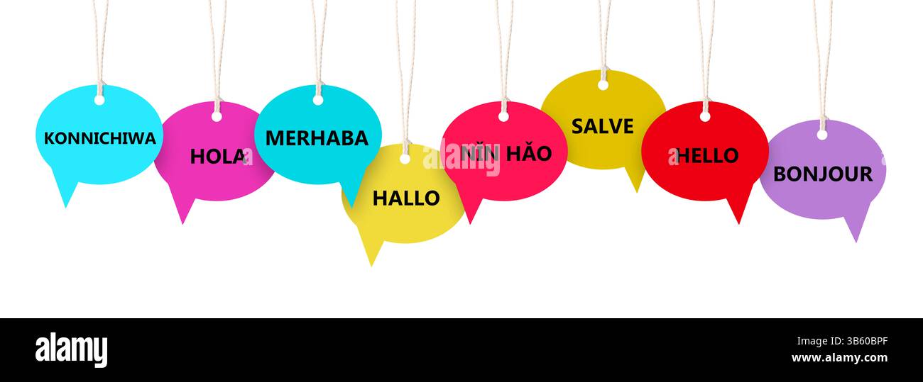Paper speech bubbles with greetings in different languages hanging on ...
