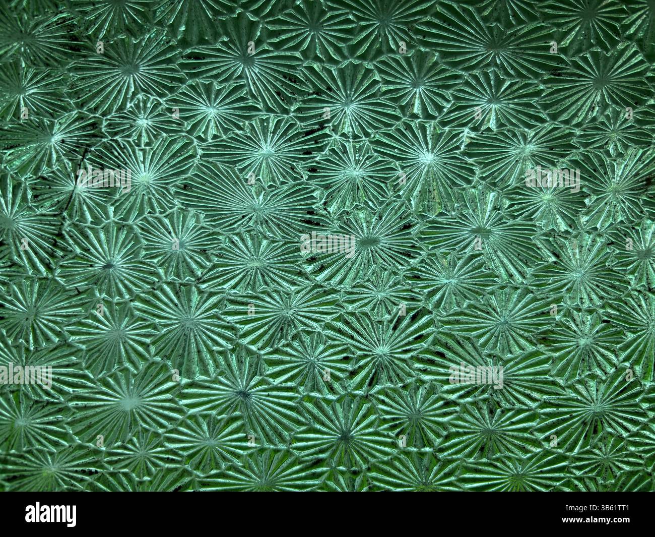 Vintage Victorian-era green patterened window glass with stylised flowers, known as Muranese or Florentine style, Yungaburra Hotel, Queensland, Austra Stock Photo