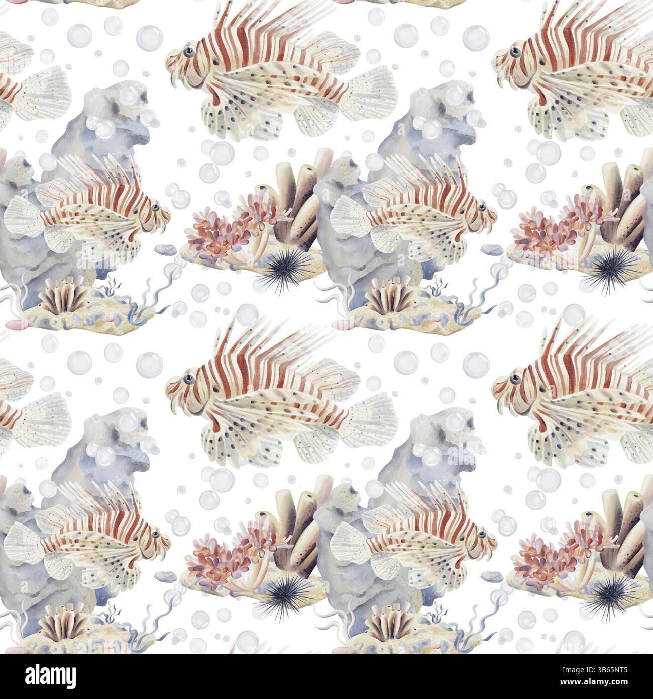 Seamless pattern with sea reef. Lionfish swims among seaweed and corals ...
