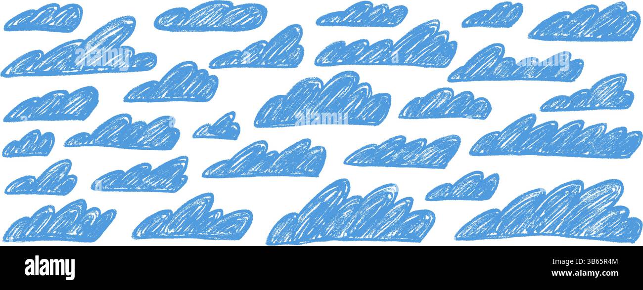 Crayon clouds set. Naive hand drawn sky pack. Kids chalk textured elements. Pastel scribble cloudy weather speech bubbles. Vector pencil drawn collect Stock Vector