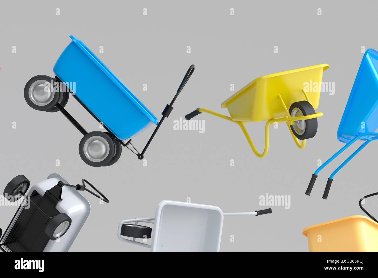 Wheelbarrows Many Many of flying garden wheelbarrows on white background Stock Photo - Alamy