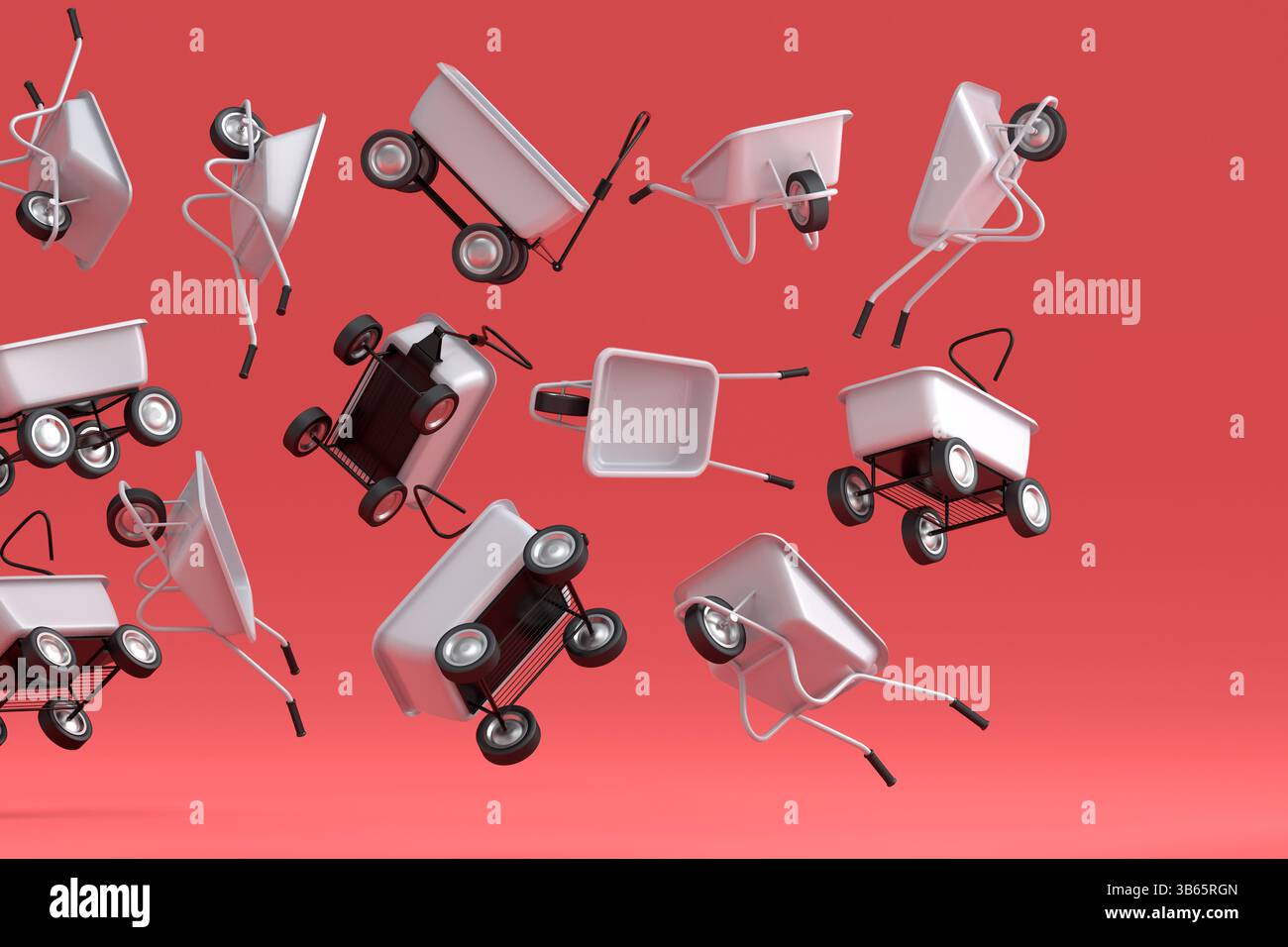 Wheelbarrows Many Many of flying garden wheelbarrows on red background Stock Photo - Alamy