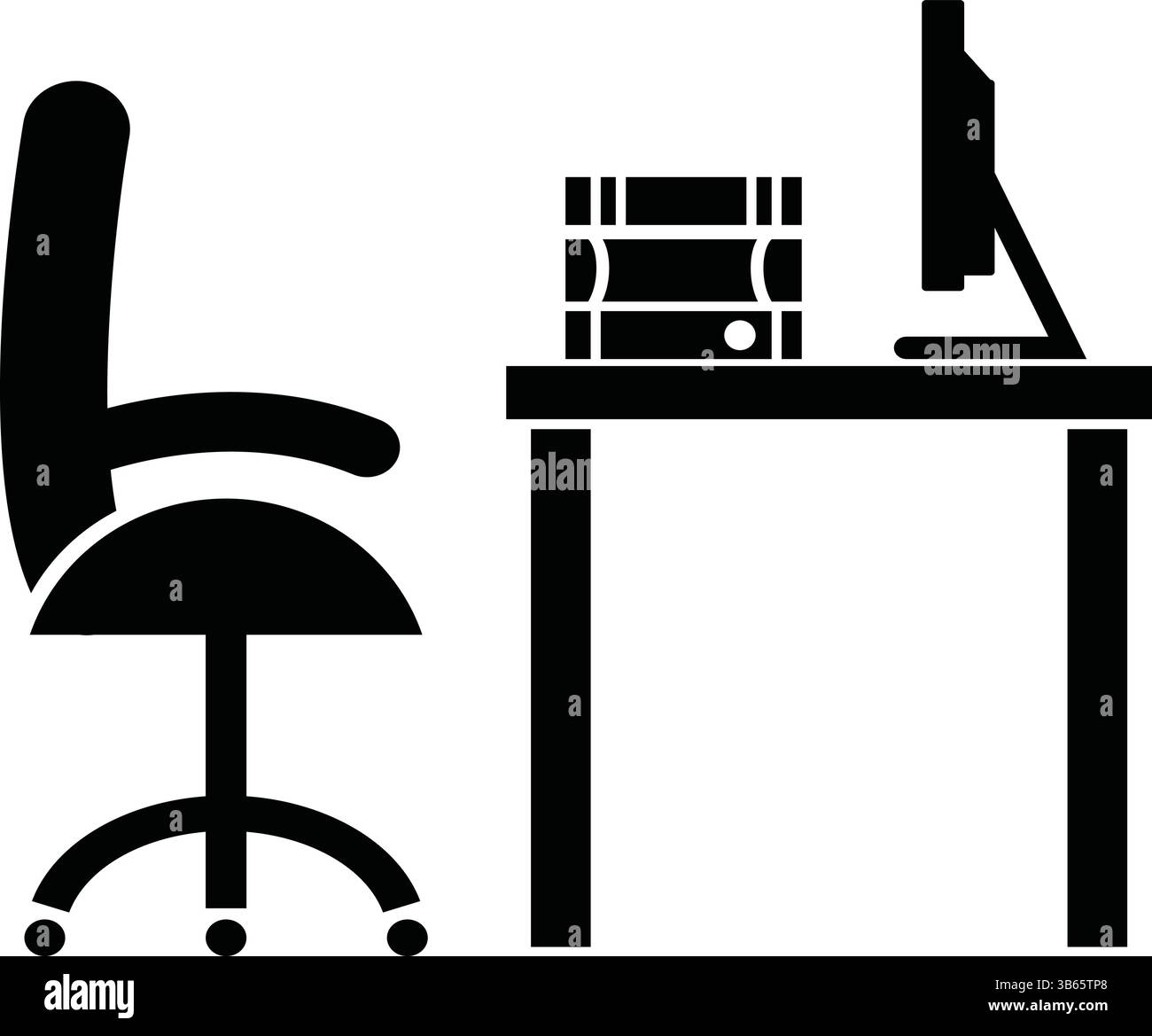Black and White Office Desk Setup with Chair, Computer, and Books Stock Vector