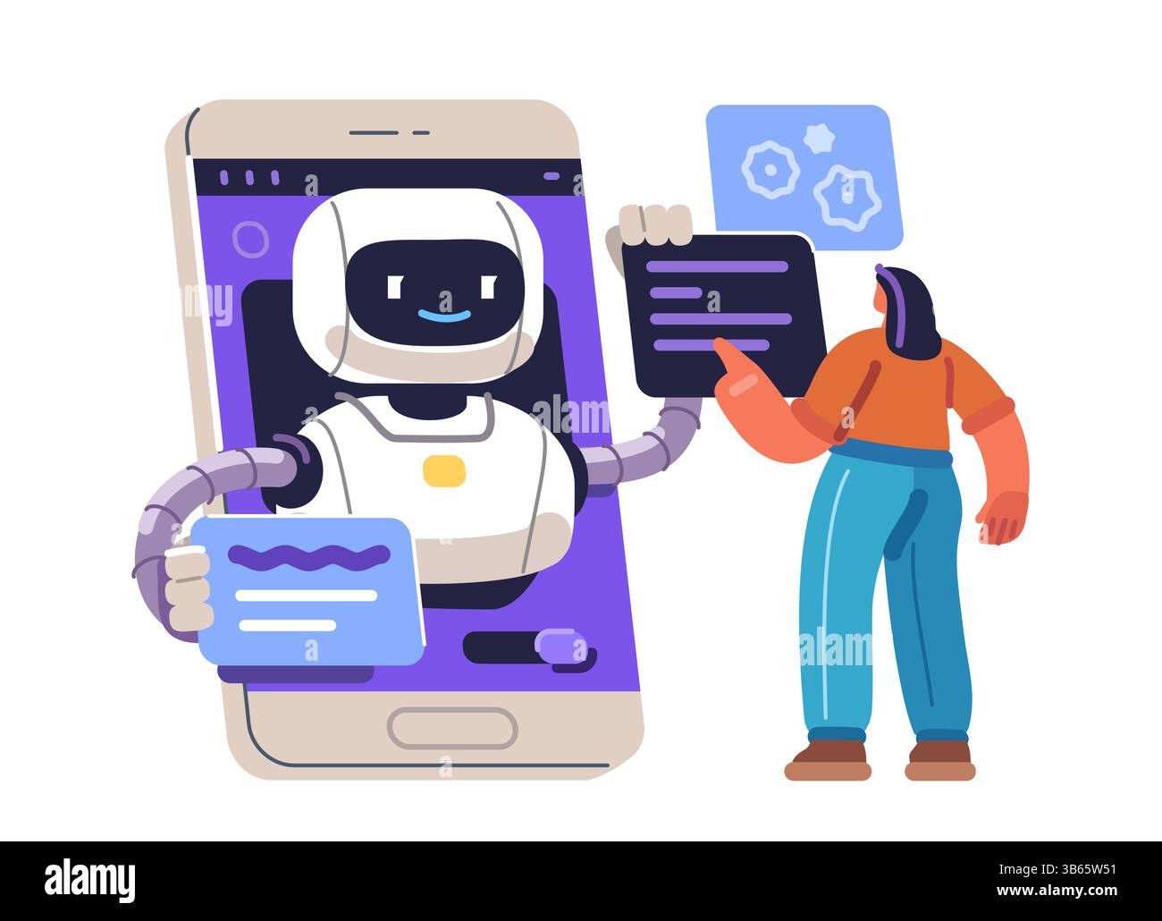 Person works using artificial intelligence. Virtual robot assistant online. Digital technologies Stock Vector