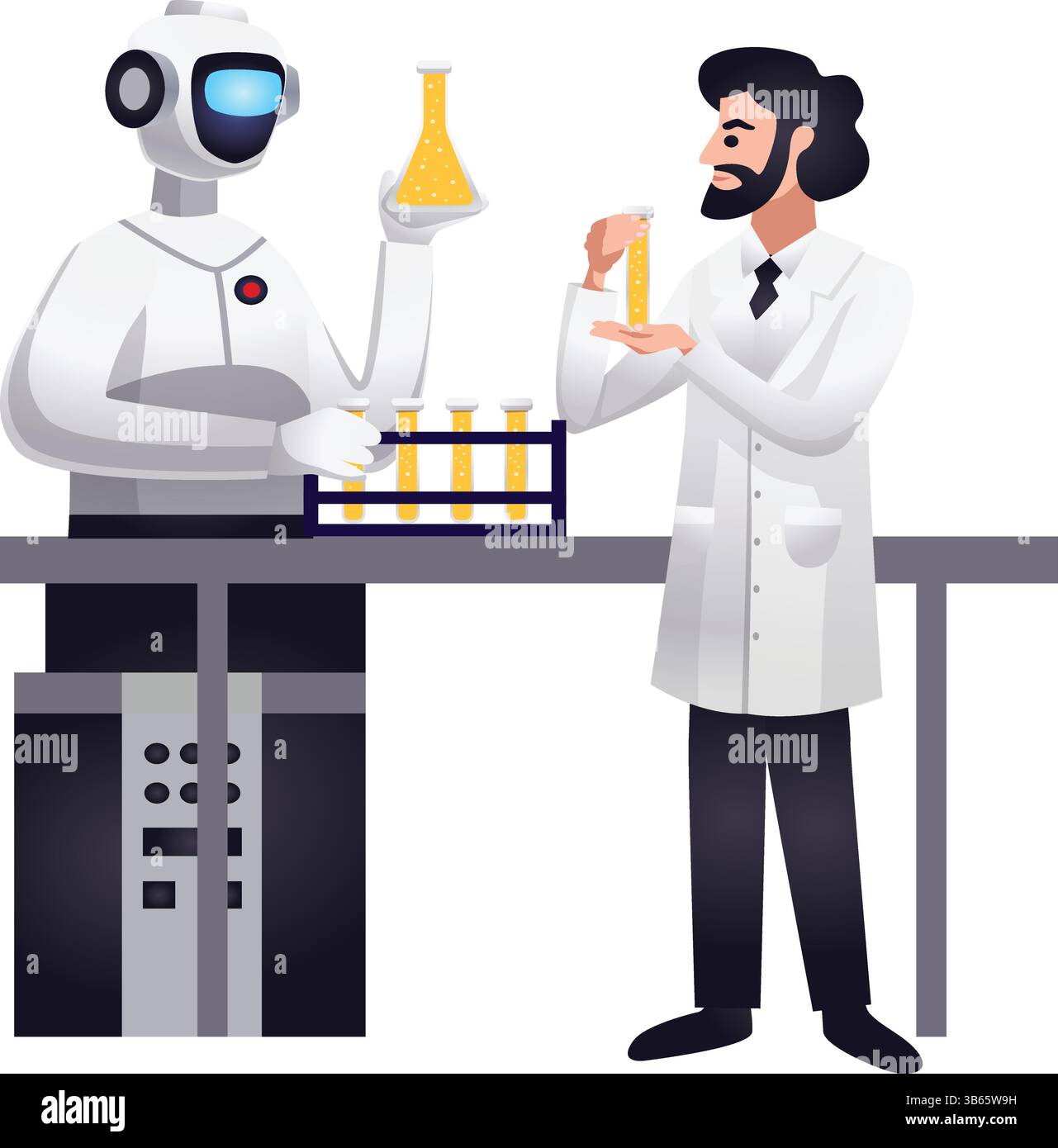 Robot Collaborating with Scientist – AI and Human Working in Science Lab Stock Vector