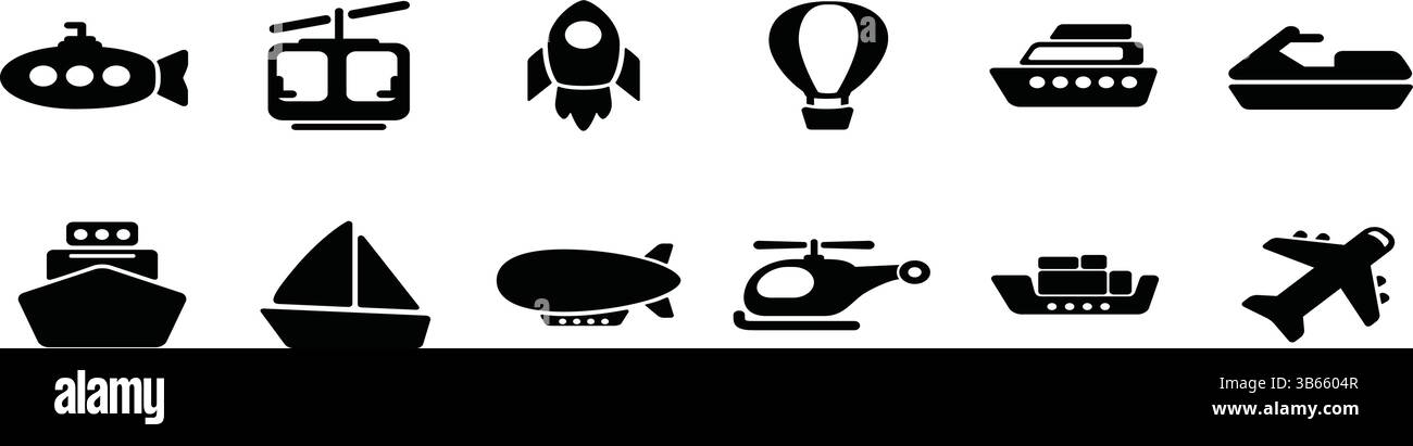 Set of Water and Air Transport Icons - Submarine, Rocket, Hot Air Balloon and More Stock Vector