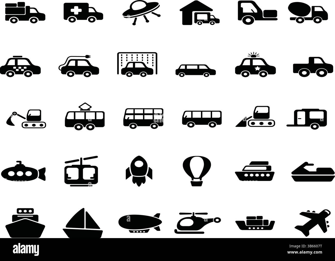 Mixed Transportation Icon Set - Land, Sea, and Air Vehicle Silhouettes Stock Vector