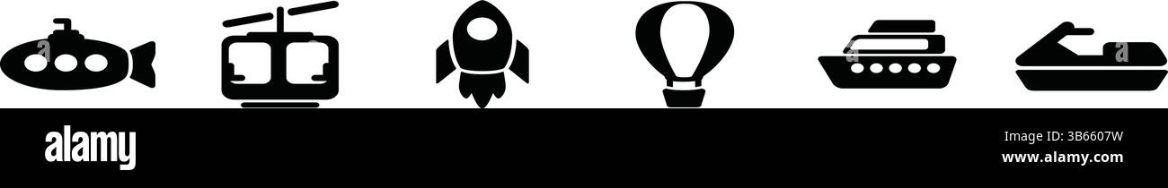 Black Silhouette Transport Icons - Submarine, Rocket, Boat and Air Balloon Stock Vector