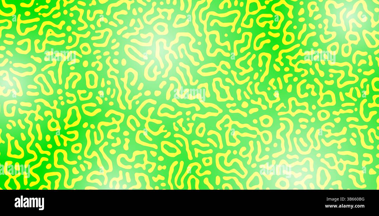 Vector Generative algorithm psychedelic yellow green background. Reaction-diffusion or turing pattern formation. Organic lines in memphis. Unique text Stock Vector