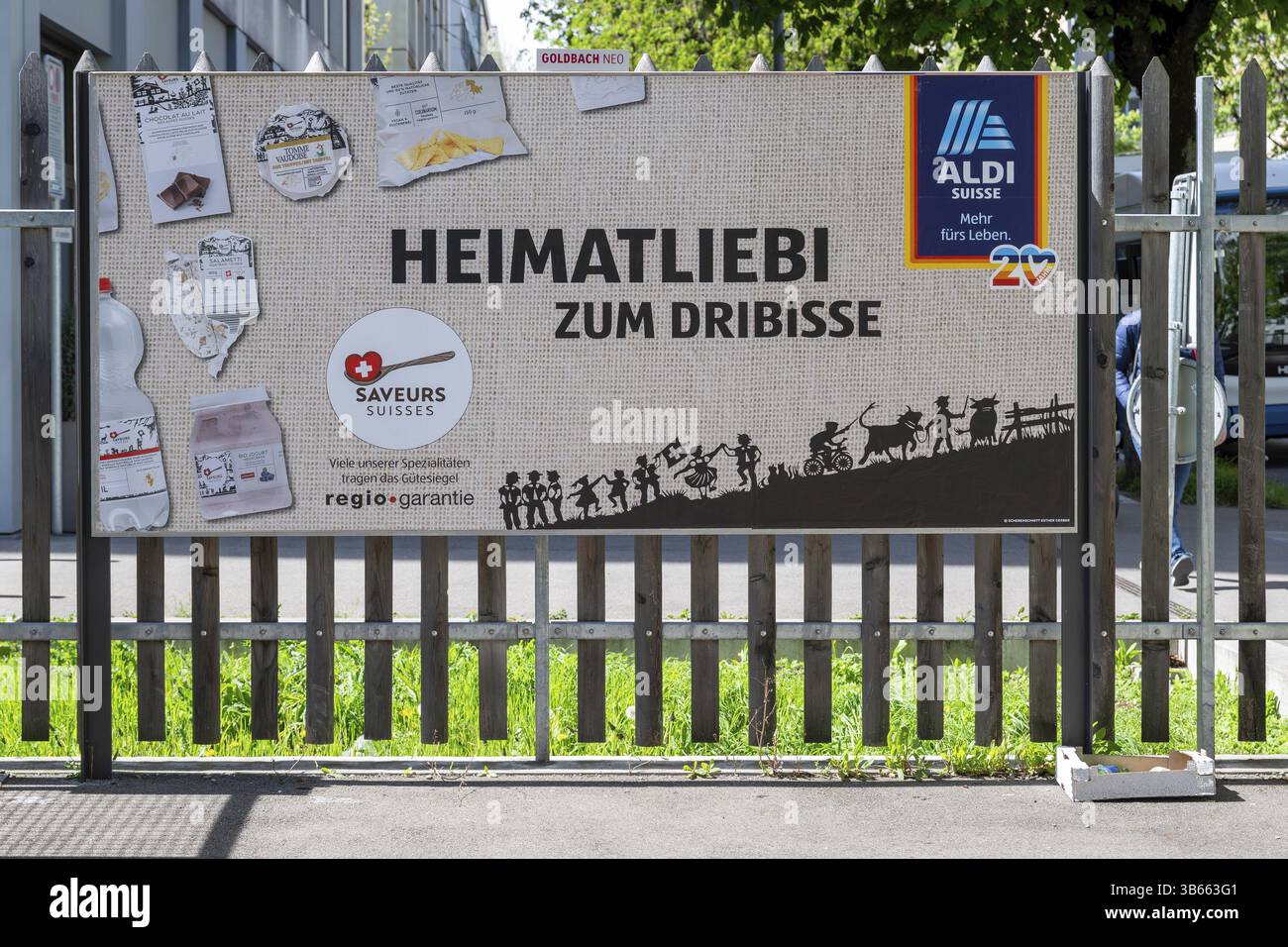 Poster advertising Aldi Switzerland Heimatliebi zum dribisse Stock Photo