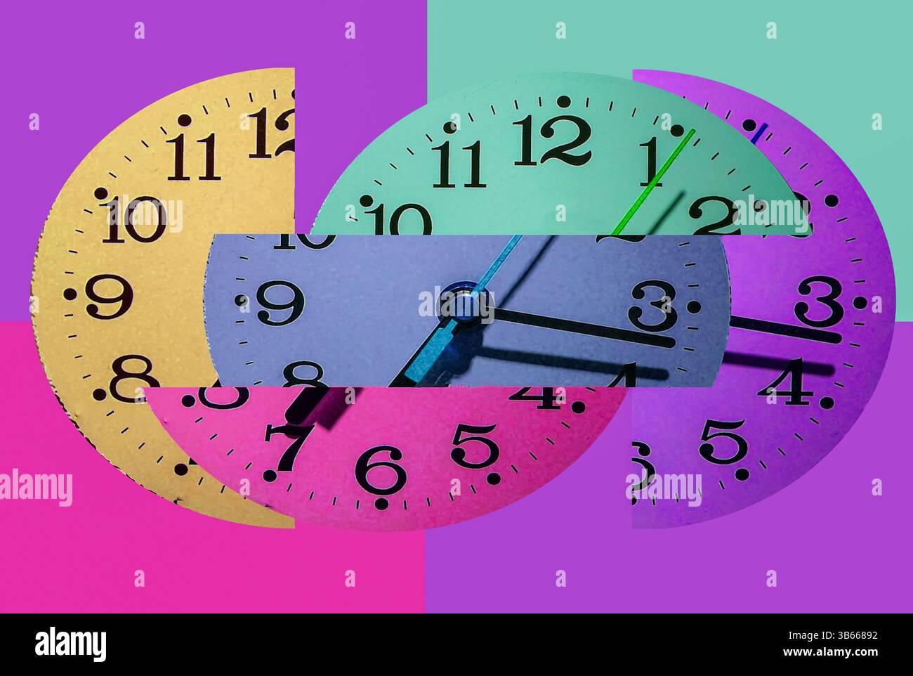 A vibrant, abstract collage of multiple clocks with overlapping pastel colors, symbolizing the fluidity and complexity of time. Stock Photo
