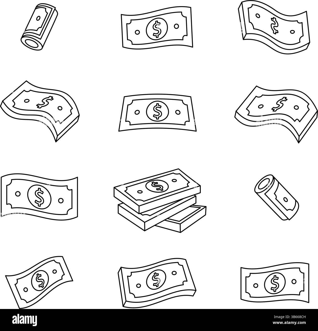 Set of outline dollar bills symbols. Finance, investment, business ...