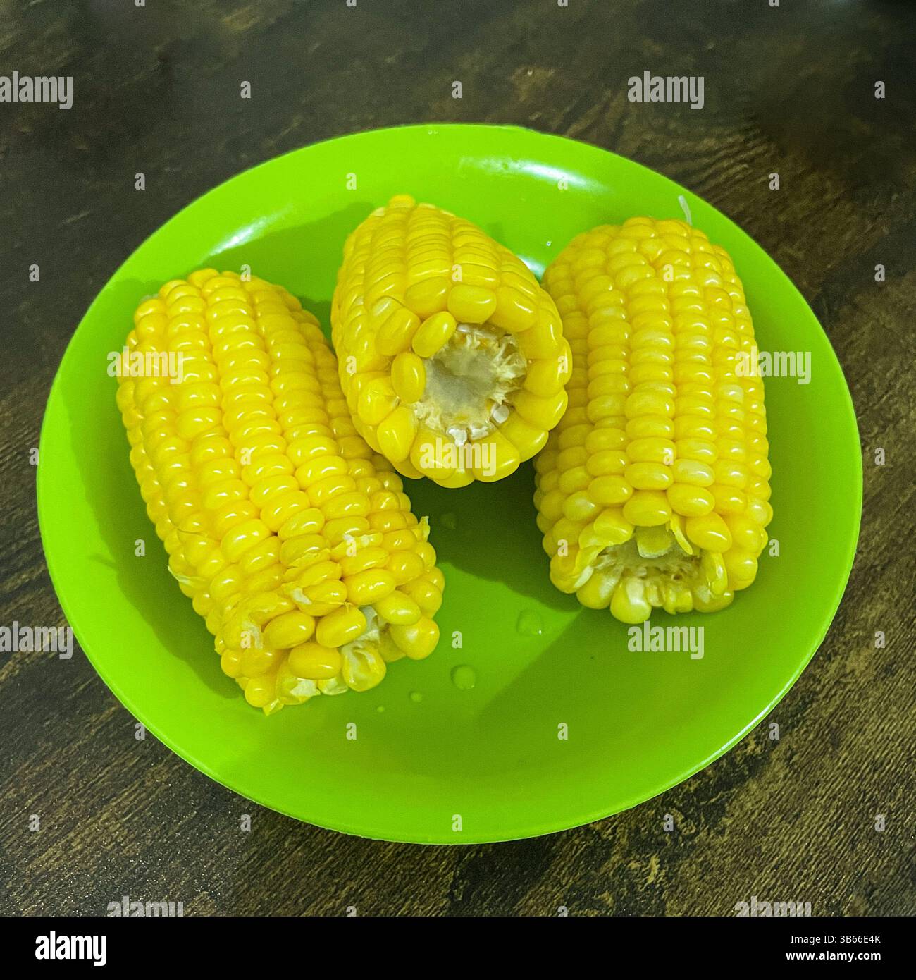 Sweet boiled corn served on green plate - Smartphone Captured Stock Image