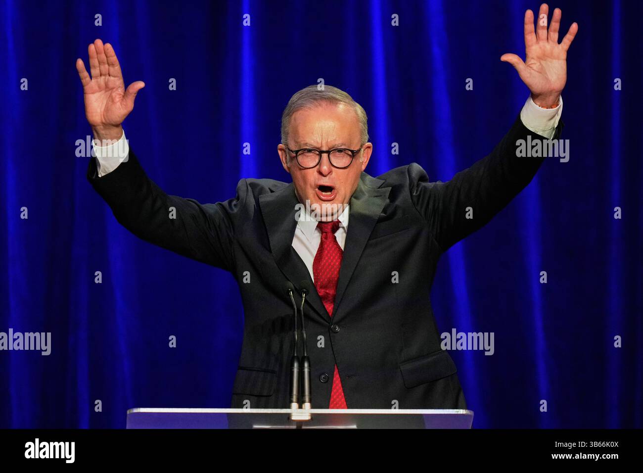 Australian Prime Minister Anthony Albanese reacts as he addresses the ...