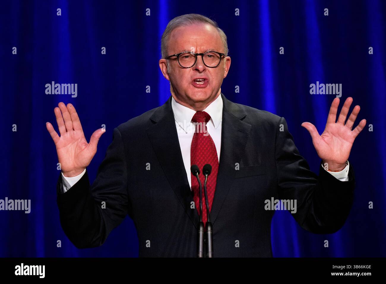 Australian Prime Minister Anthony Albanese reacts as he addresses the ...
