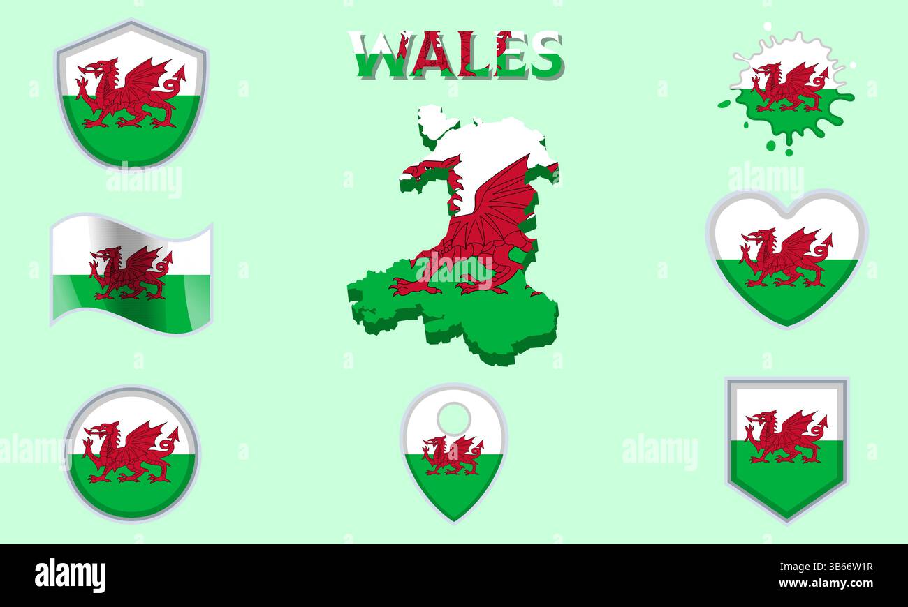 Collection of flags and coats of arms of Wales in flat style with map ...