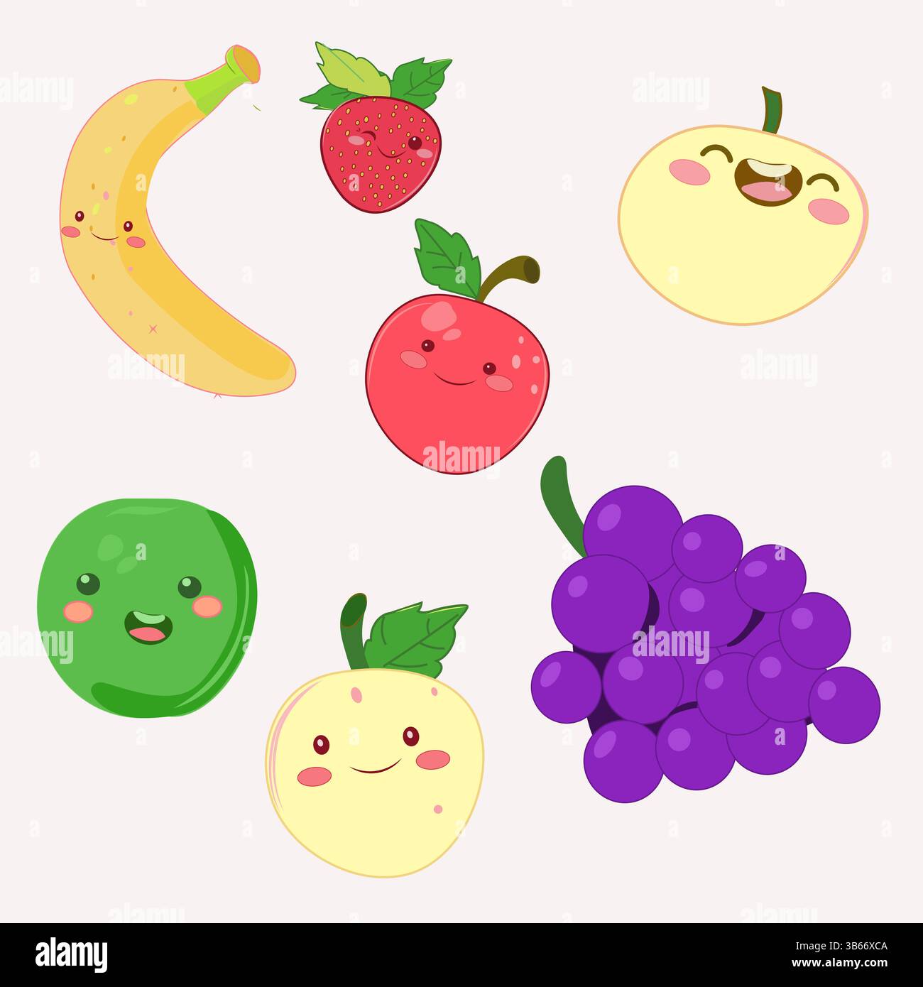 Set of kawaii fruits smiling isolated, banana grapefruit, apple ...