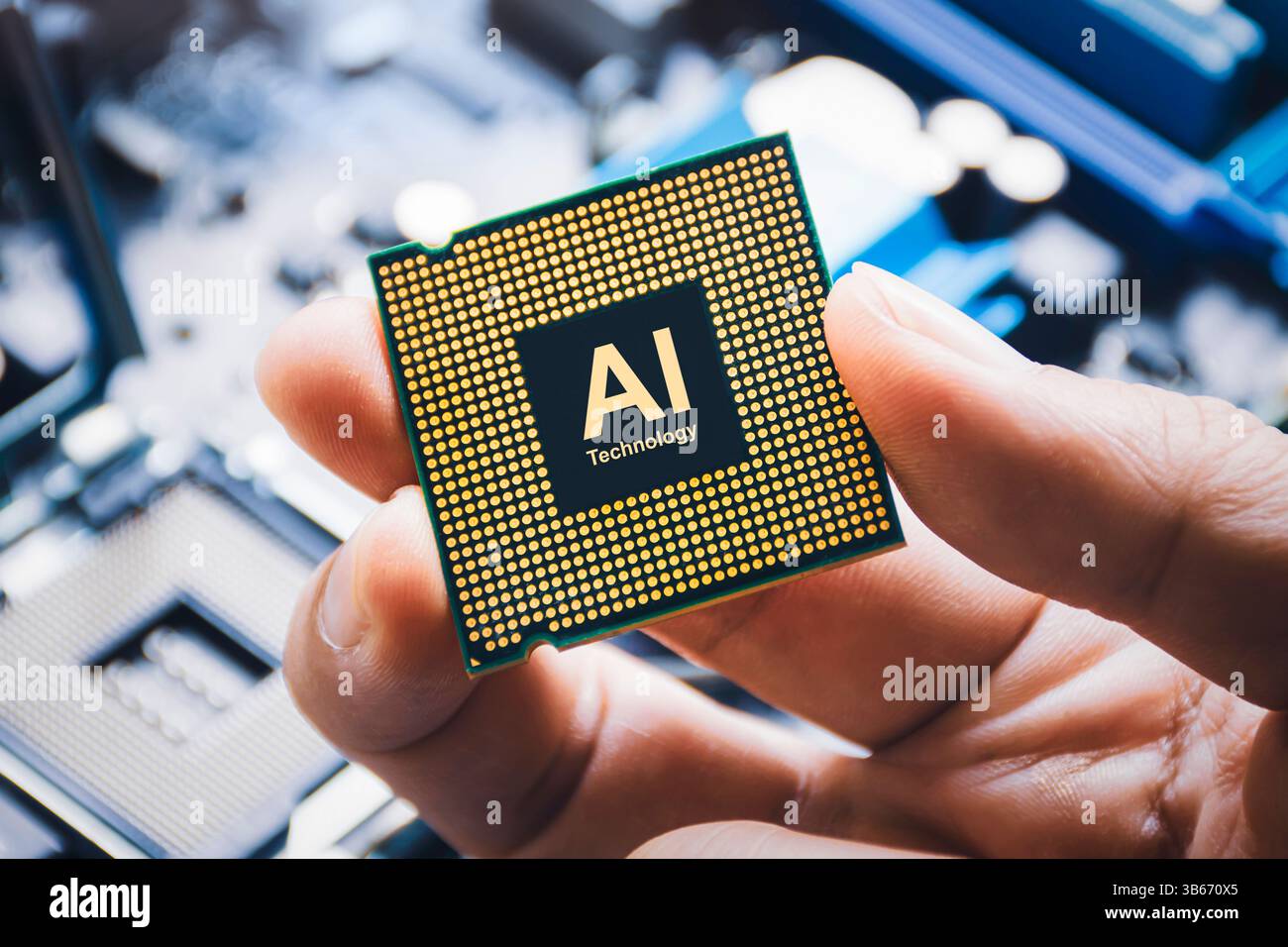 AI chip processor prototype, A hand holds a microchip labeled "AI Technology" suggesting artificial intelligence processing, machine learning. Stock Photo