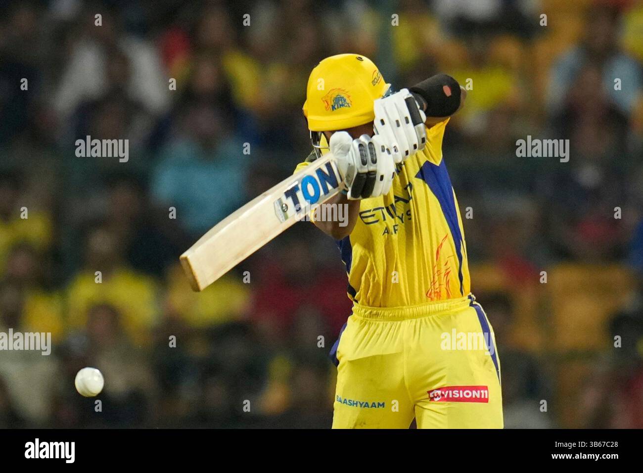 Chennai Super Kings' Shaik Rasheed plays a shot during the Indian ...