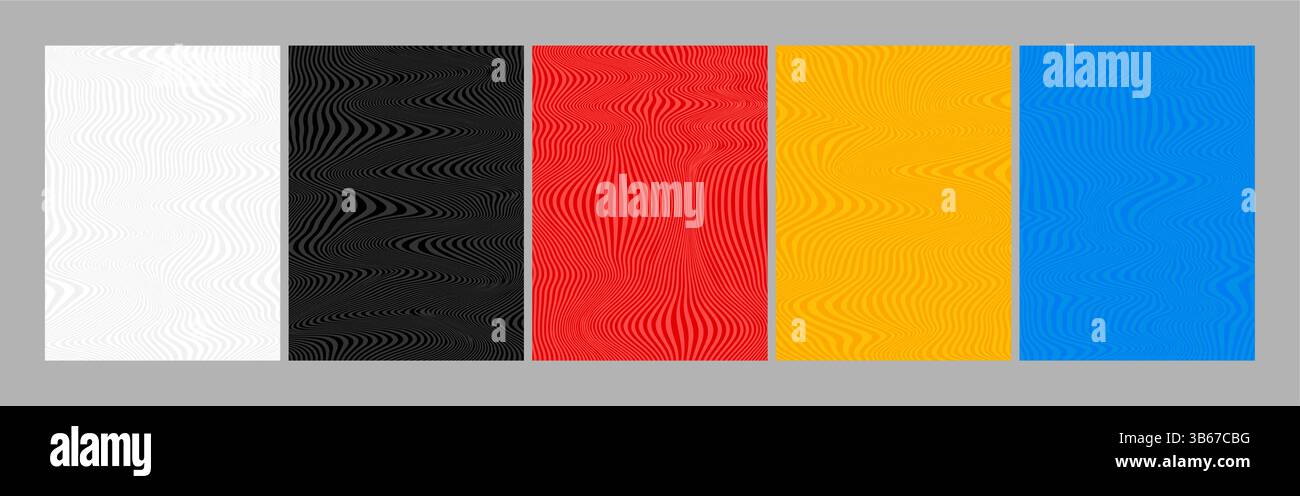 Vector illustration. Set of wavy line patterns with dynamic waves. Minimal design for poster, book cover, magazine, report, flyer, layout. Liquid Stock Vector