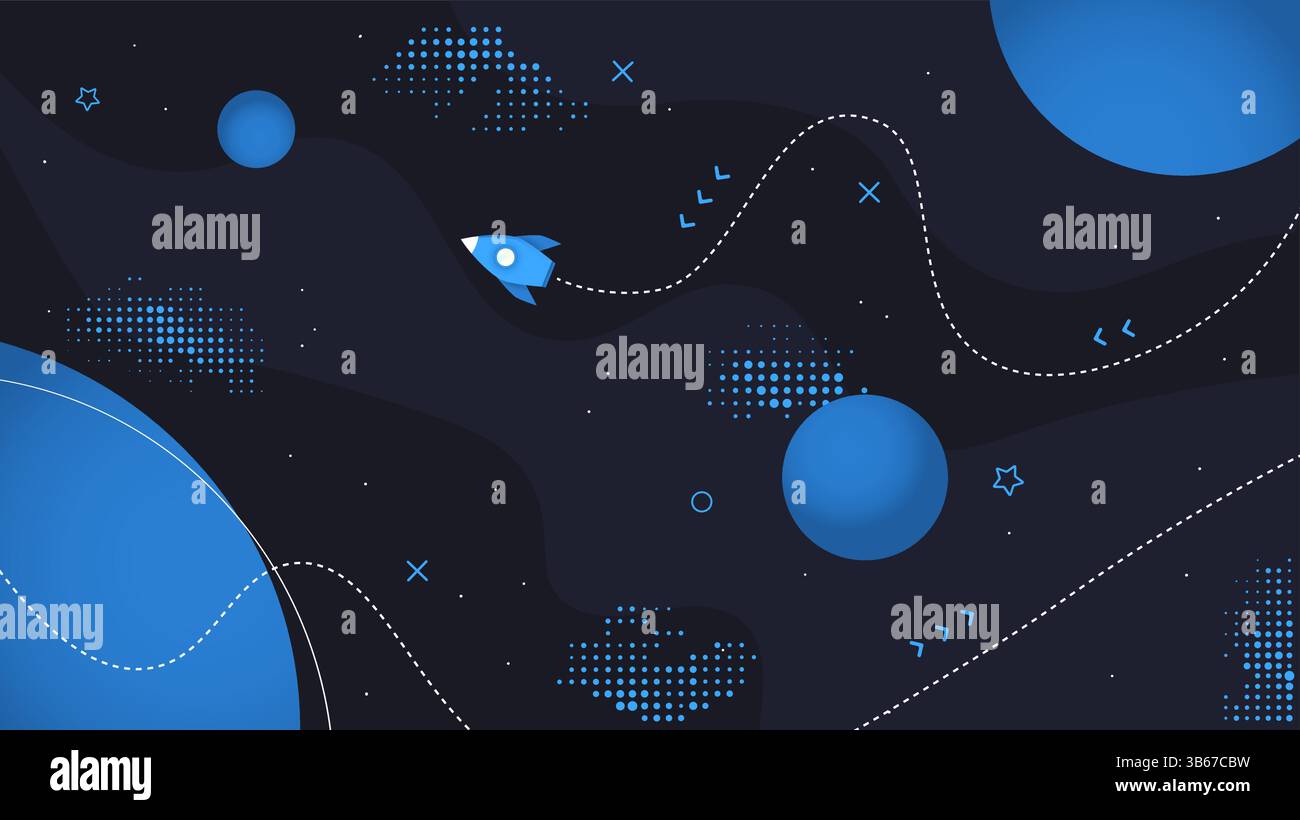 Vector illustration. Space exploration concept. Neo classical, flat style background with halftone dots and memphis pattern elements. Geometry Stock Vector