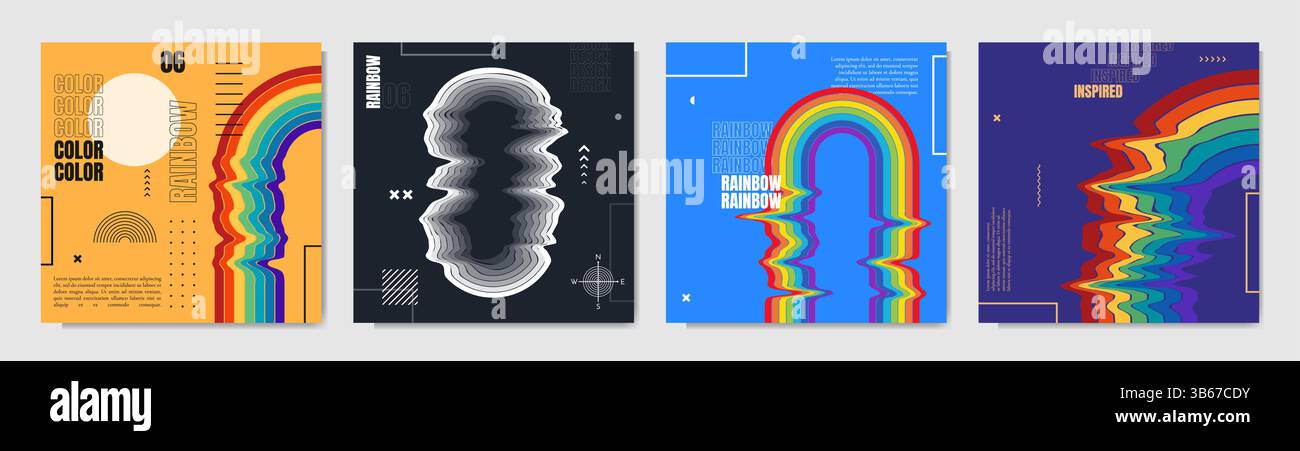 Vector illustration. Twisted rainbow shape with memphis pattern geometric elements. Design elements for web banner, social media template, blog post Stock Vector