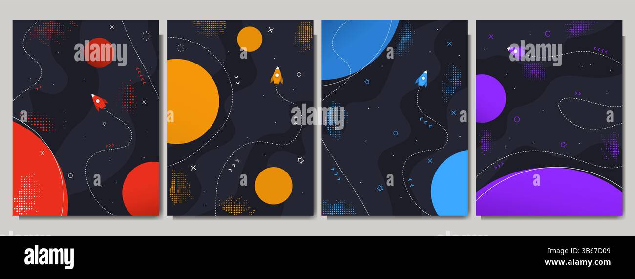 Vector illustration. Space exploration concept. Neo classical, flat style background with halftone dots and memphis pattern elements. Geometry Stock Vector