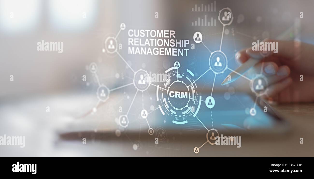 Customer Relationship Management System Visualization with Network Connections and Data Analytics. Stock Photo