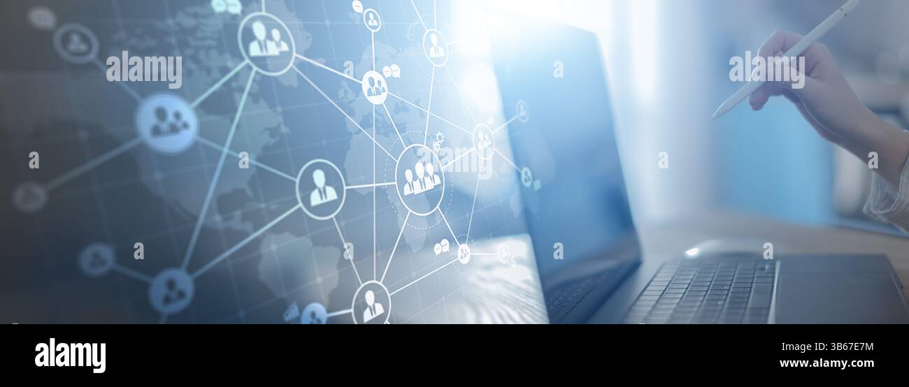 Global Business Networking and Communication Visualized on a Futuristic Digital Interface. Stock Photo