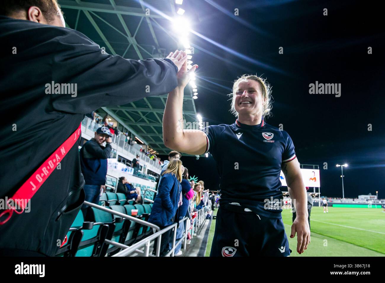 KANSAS CITY, MO - MAY 02: USA's Rachel Johnson (8) greets a fan during ...