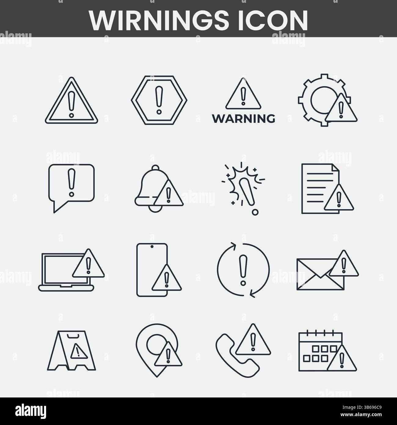Minimalist Warning and Alert Icons, Black and White Line Art Vector Set ...