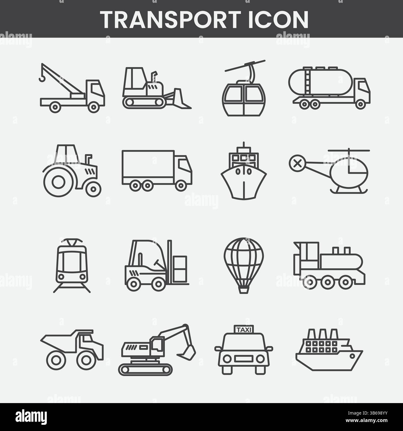 Minimalist Transport Icons Black and White Line Art of Vehicles, Travel, and Industrial Equipment Stock Vector