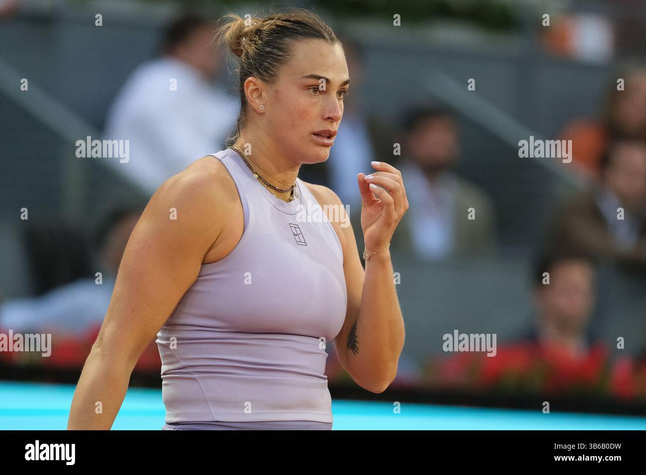 Aryna Sabalenka in action  in action against   the Mutua Madrid Open at La Caja Magica on May 3, 2025 in Madrid, Spain Stock Photo