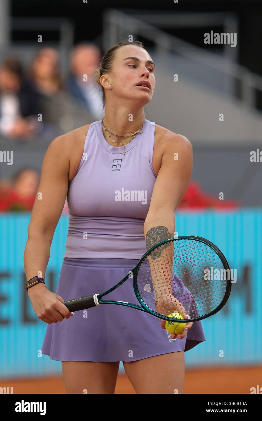 Aryna Sabalenka in action  in action against   the Mutua Madrid Open at La Caja Magica on May 3, 2025 in Madrid, Spain Stock Photo