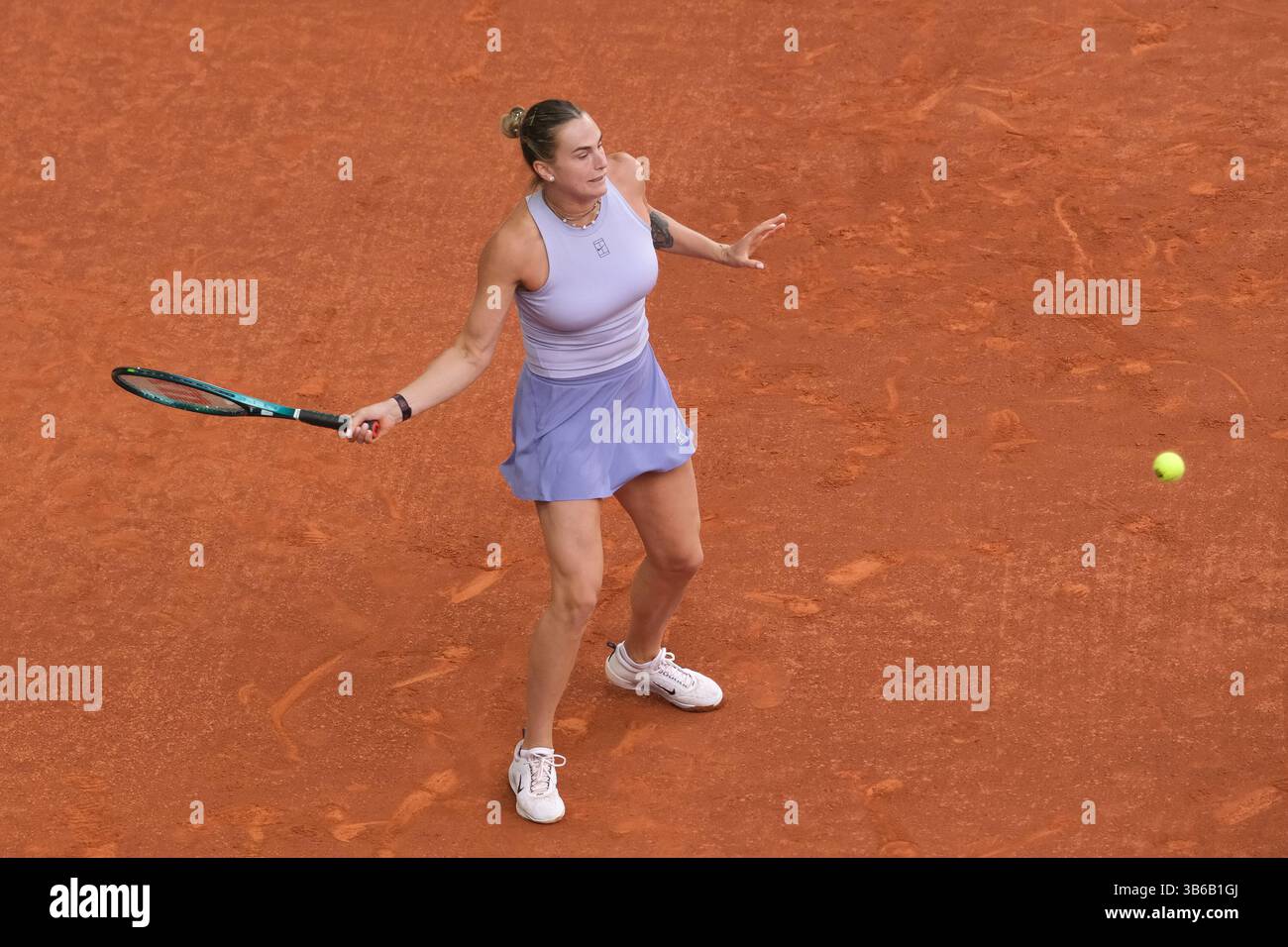 Aryna Sabalenka in action  in action against   the Mutua Madrid Open at La Caja Magica on May 3, 2025 in Madrid, Spain Stock Photo