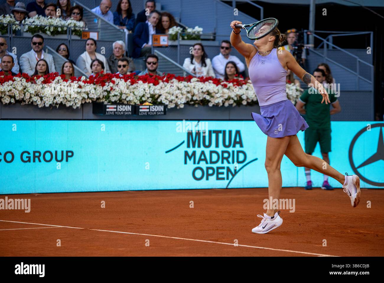 Madrid, Spain. 03rd May, 2025. Madrid, Spain. May 3, 2025. Belarusian player Aryna Sabalenka plays against Coco Gauff of the United States (not pictured) during the women's final of the 2025 Mutua Madrid Open, held at La Caja Mágica. Final result: 6-3 7-6 for Sabalenka Credit: D. Canales Carvajal/Alamy Live News Stock Photo