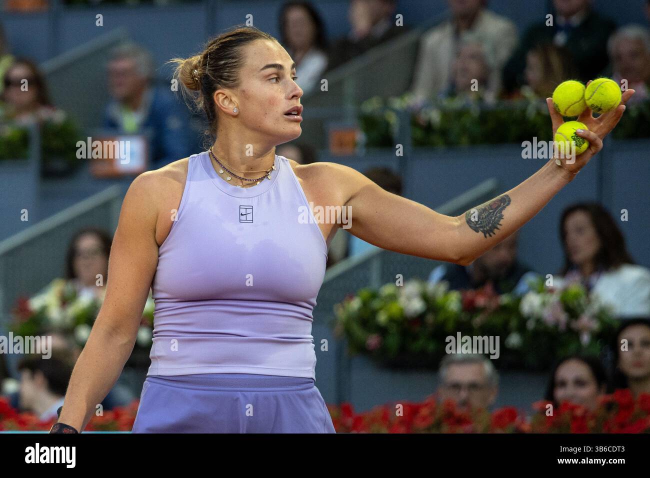 Madrid, Spain. 03rd May, 2025. Madrid, Spain. May 3, 2025. Belarusian player Aryna Sabalenka plays against Coco Gauff of the United States (not pictured) during the women's final of the 2025 Mutua Madrid Open, held at La Caja Mágica. Final result: 6-3 7-6 for Sabalenka Credit: D. Canales Carvajal/Alamy Live News Stock Photo