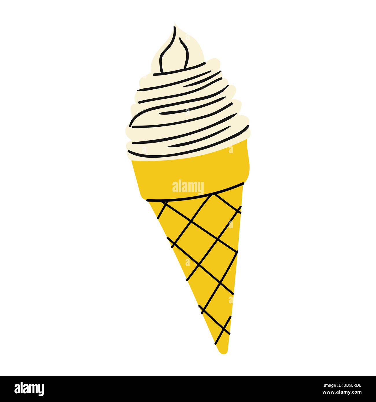 Swirled soft serve ice cream cone with a bright yellow waffle cone ...