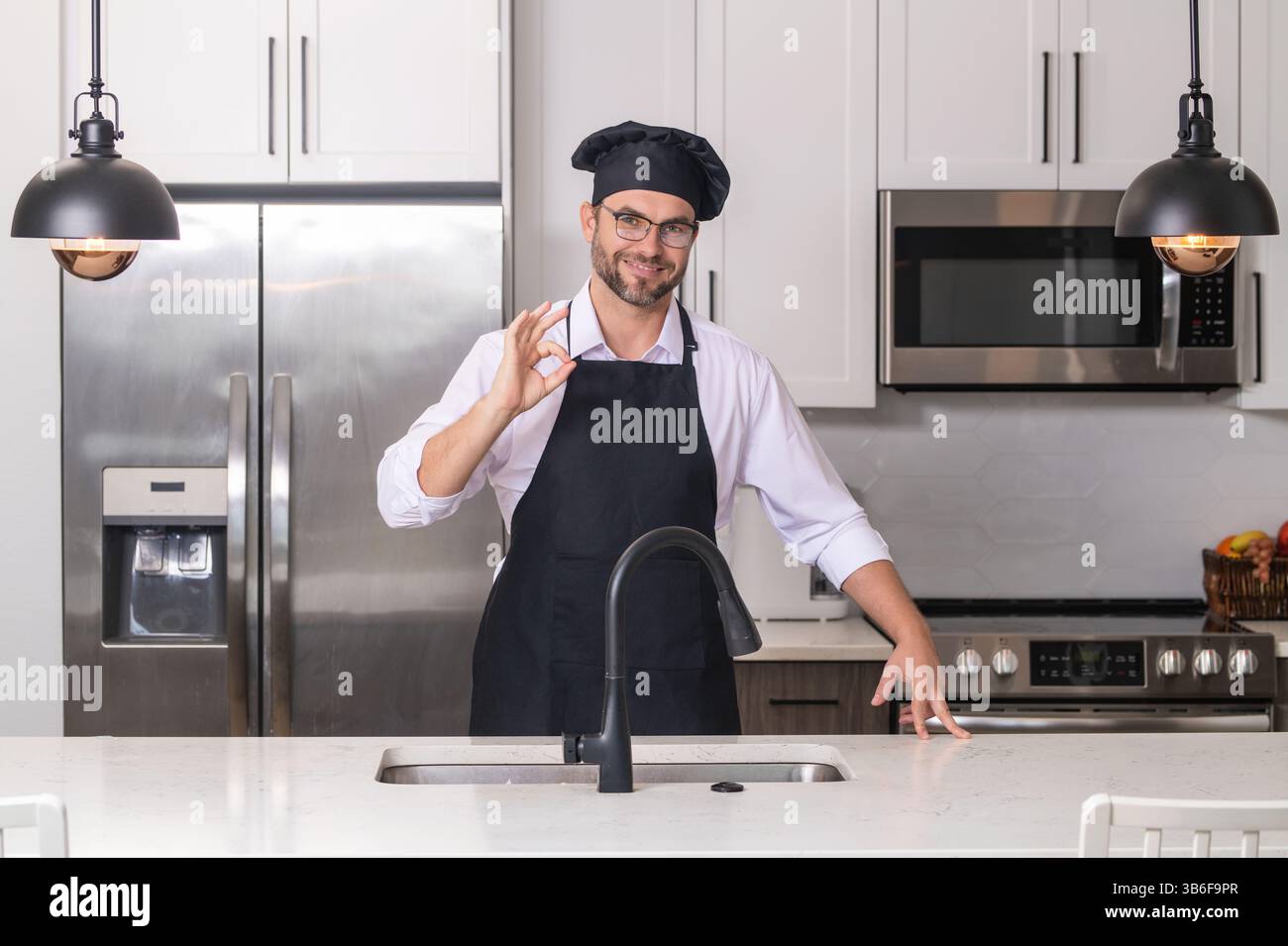 Chef cook with ok sign, delicious food. Happy baker. Man chef cooker ...