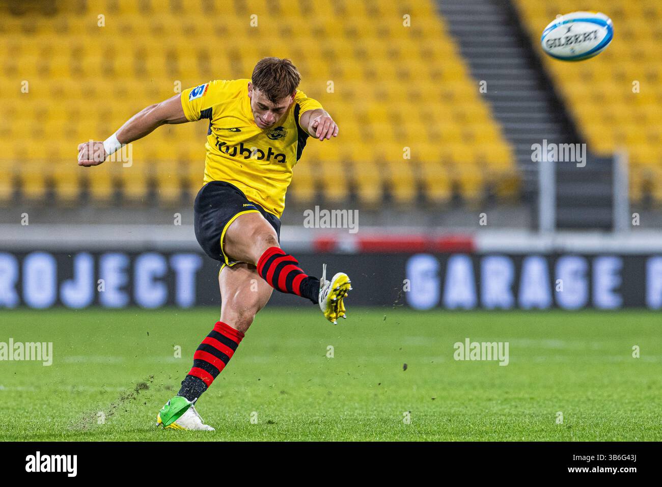 Wellington, NEW ZEALAND - MAY 3 : Hurricanes player Ruben Love attempts ...