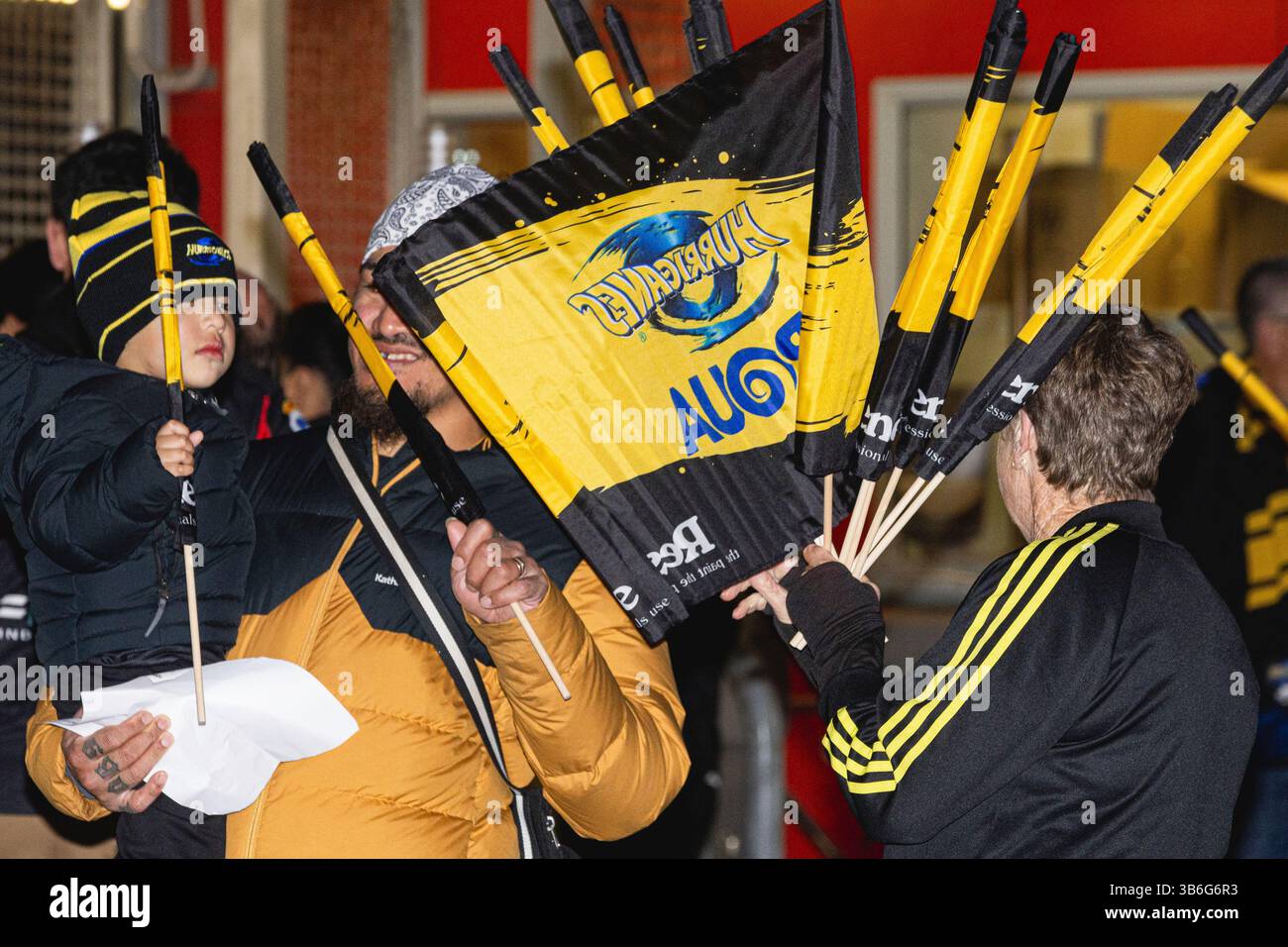 Wellington, NEW ZEALAND - MAY 3 : Hurricanes flag handlers hand a ...