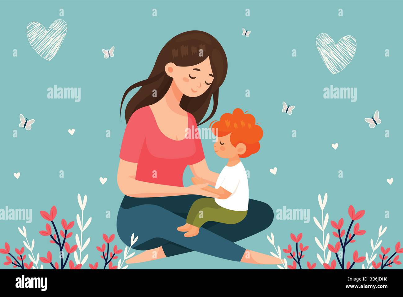 mother and child cute vector illustration with flowers and butterflies ...