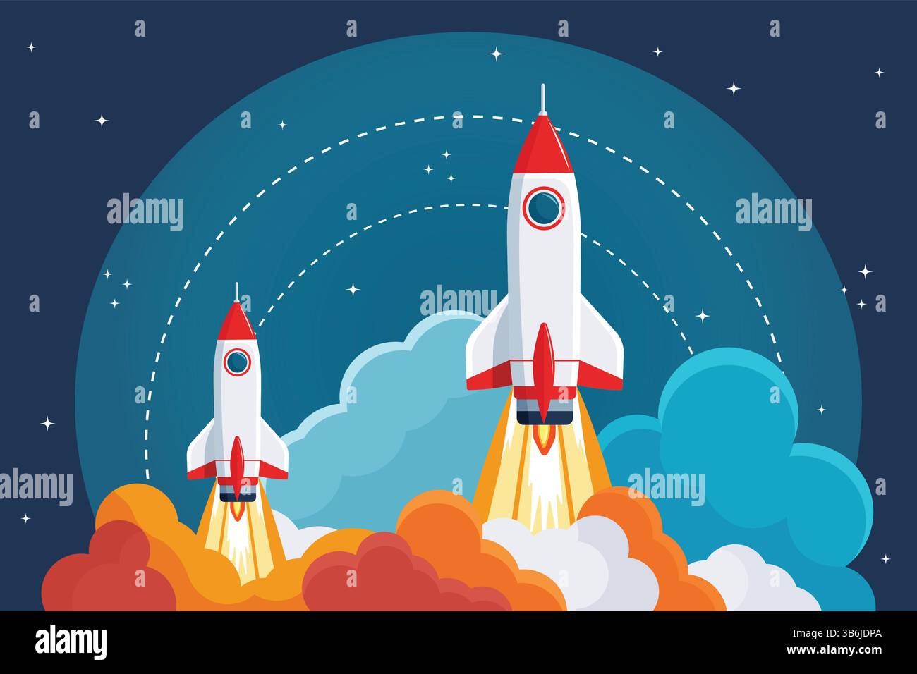 space shuttle launch flat vector illustration with smoke clouds beneath ...